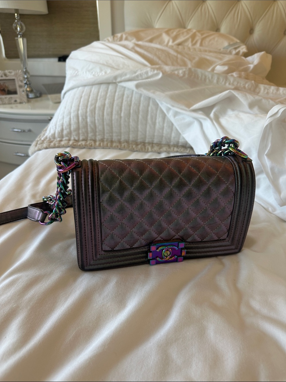 Quilted Iridescent Chain Shoulder Bag - Oil Slick Purple - Chanel Vibes?